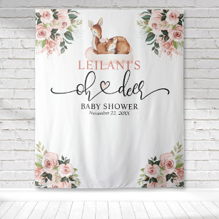 Welcome Oh Deer Baby Shower Pink Floral Backdrop Tapestry