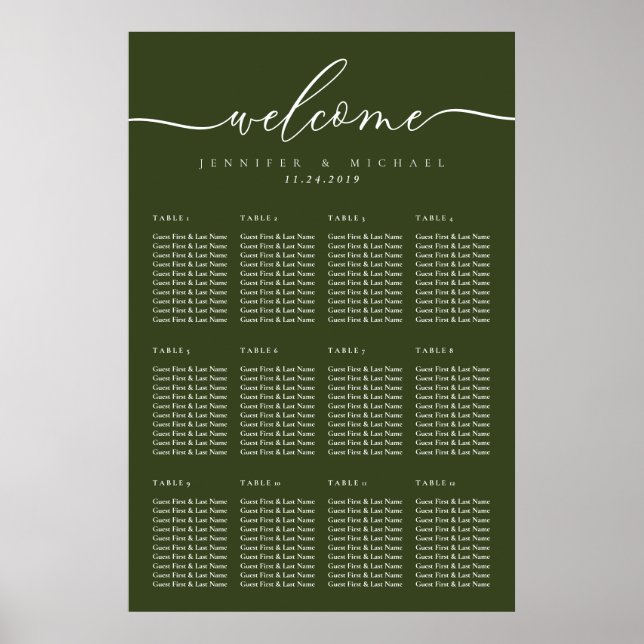 Welcome Olive Green Wedding Table Seating Poster (Front)