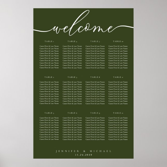 Welcome Olive Green Wedding Table Seating Poster (Front)