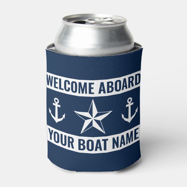 Welcome on board custom boat name nautical star can cooler (Can Front)