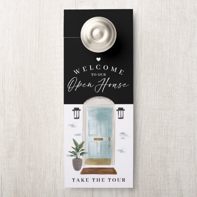 Welcome Open House Mint Watercolor Front Door Hanger (On Knob)