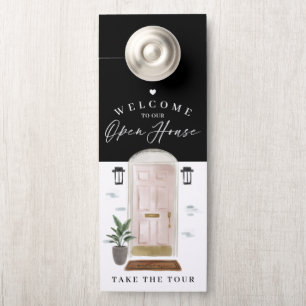 Welcome Open House Pink Watercolor Front Door Hanger