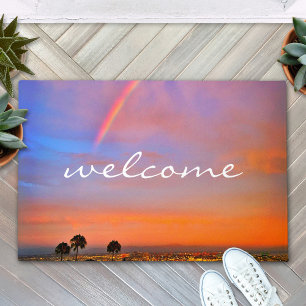 Welcome Orange Blue Sunset Rainbow Photo Modern Doormat