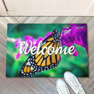 Welcome Orange Monarch Butterfly Photo Colourful Doormat
