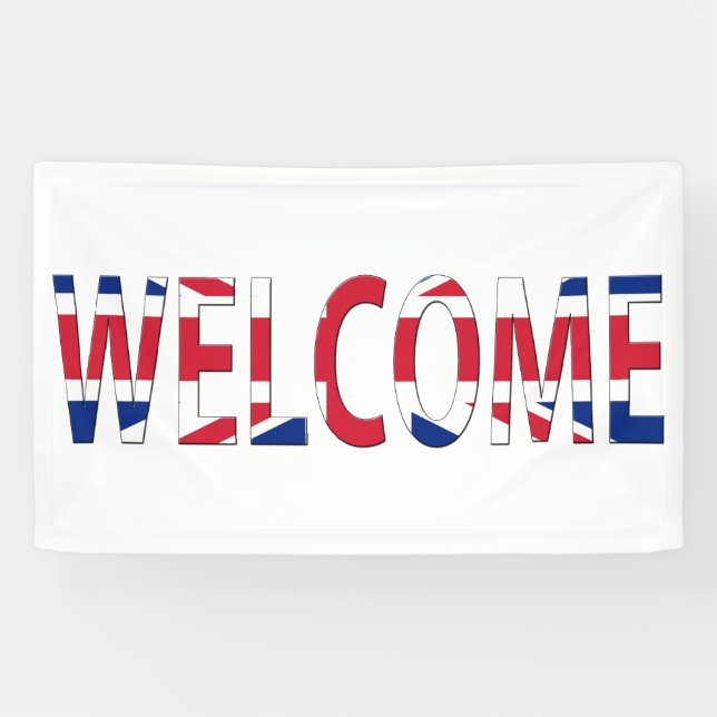 Welcome overlaid on Union Jack Flag (h) bnrt Banner (Horizontal)