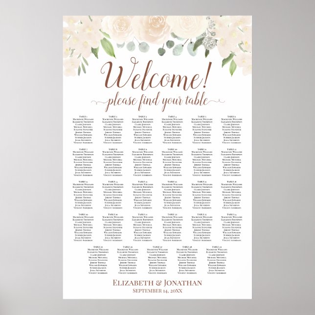 Welcome! Pale Peach Roses 29 Table Seating Chart (Front)