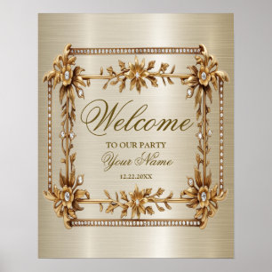 Welcome Party Golden Ornate Rectangle Dimond Poster