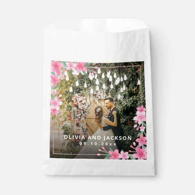 Welcome Party Pink Floral Golden Frame wedding Favour Bags (Front)