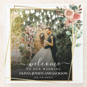 Welcome Party Pink Floral Golden Frame wedding Glass Coaster