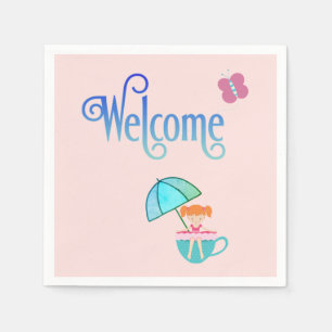 Welcome Party Teacup Girl Butterfly Square  Napkin