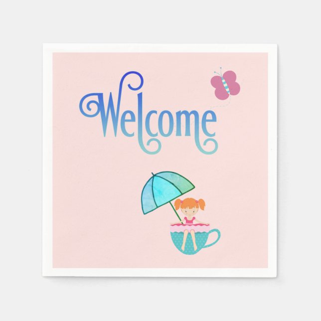 Welcome Party Teacup Girl Butterfly Square  Napkin (Front)