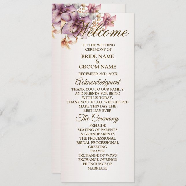 Welcome Party Watercolor Boho Pink Flowers  Programme (Front/Back)