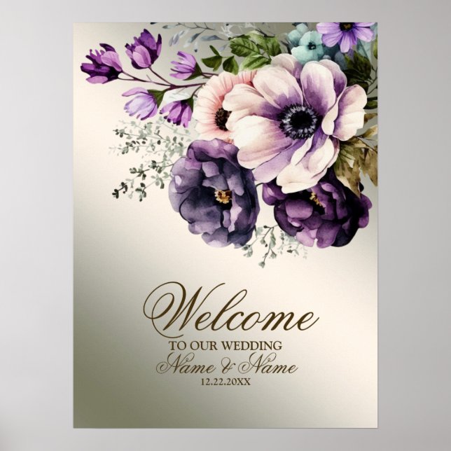 Welcome Party Watercolor Purple Pink Flowers Gold Poster (Front)