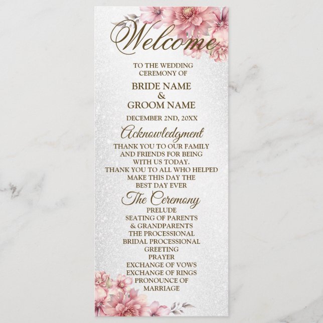 Welcome Party Wedding Pink Watercolor Flower Shiny Programme (Front)