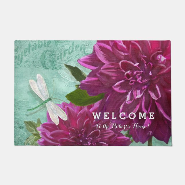 Welcome Personalised Dragonfly w Purple Dahlia Art Doormat (Front)