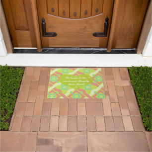 Welcome Personalised Pink Green and Blue Pattern Doormat