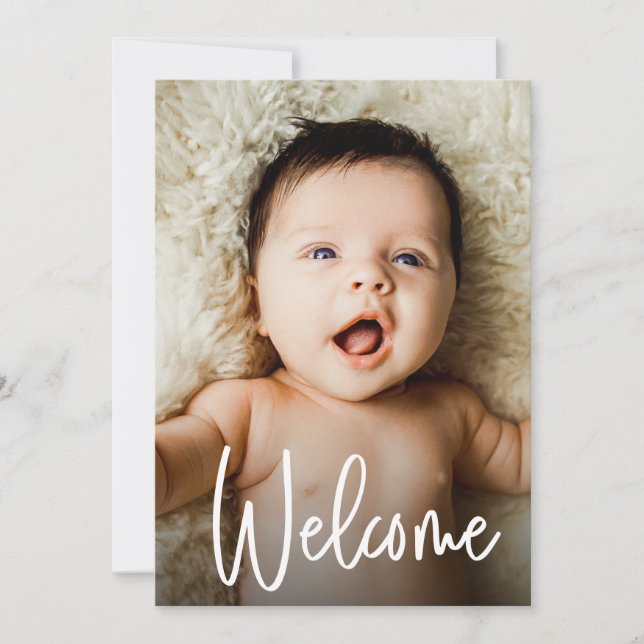 Welcome Photo Handlettering Trendy Script Baby Thank You Card (Front)