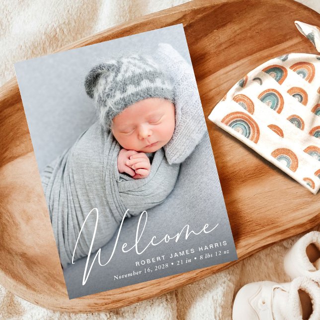 Welcome Photo White Script Birth Announcement (Announce the arrival of your precious baby in a way that is as beautiful and unique as they are)