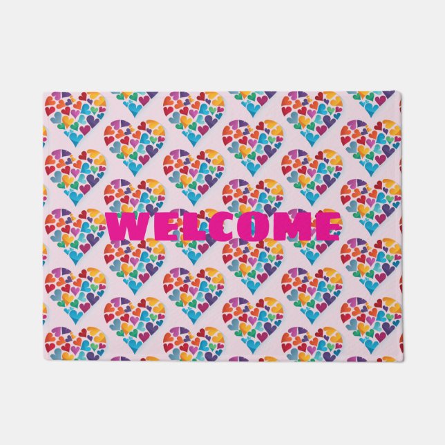 Welcome, Pink, Colourful Hearts, New Home, Door Ma Doormat (Front)