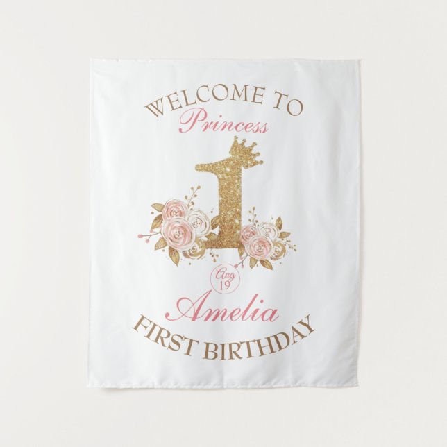 Welcome Pink Gold Crown Princess 1st Birthday  Tapestry (Front)