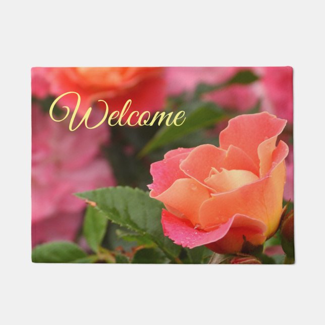 Welcome Pink / Orange Rose Bud Doormat (Front)