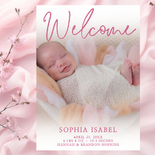 Welcome Pink Photo Birth Announcement