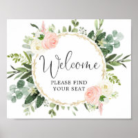 Welcome please find your seat sign pink greenery