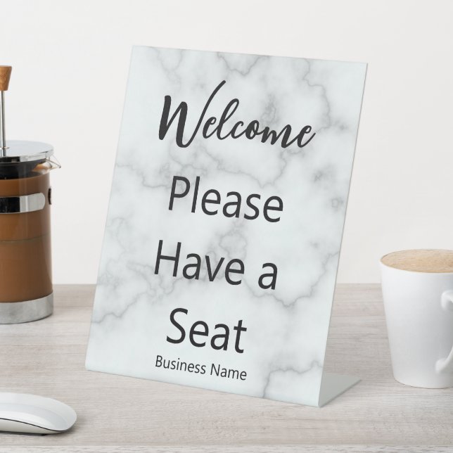 Welcome Please Have a Seat Marble Business Name Pedestal Sign (In SItu)