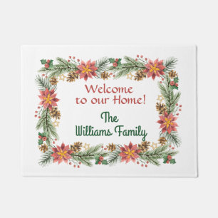 Welcome Poinsettia and Pine Boughs Winter Doormat