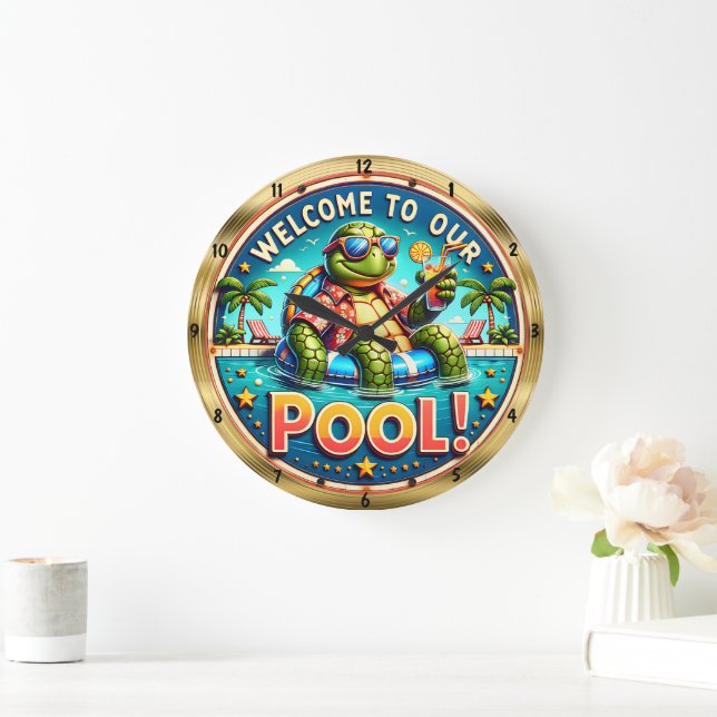 Welcome Pool Turtle Party  Large Clock (Home)