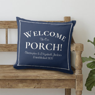 Welcome Porch Custom Family Blue & White Modern Cushion