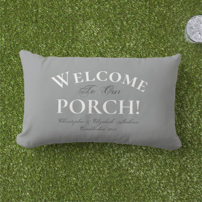 Welcome Porch Custom Grey Elegant Calligraphy Chic Lumbar Cushion (Grass)