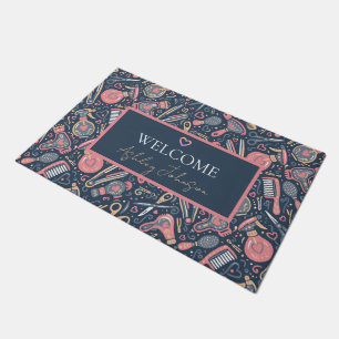 Welcome — Portuguese folk hair icons Navy & Blush Doormat