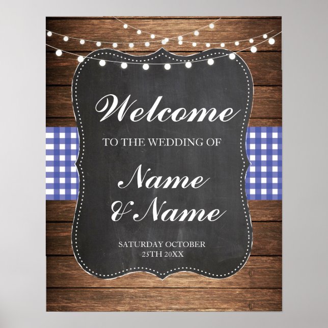 Welcome Poster Blue Check Sign Wedding Wood Poster (Front)
