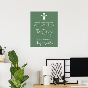 Welcome Poster Floral Cross Christening Fern Green