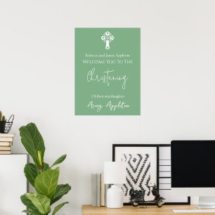 Welcome Poster Floral Cross Christening Sage Green