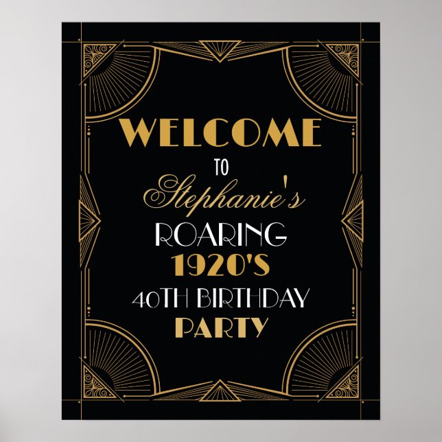 Welcome Poster Gatsby Art Deco Gold Birthday Sign (Front)