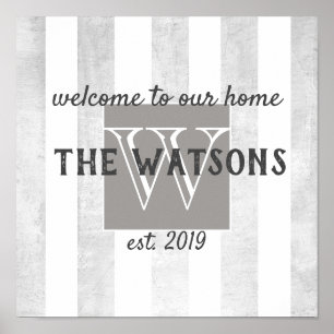 welcome poster to personalise monogram custom grey