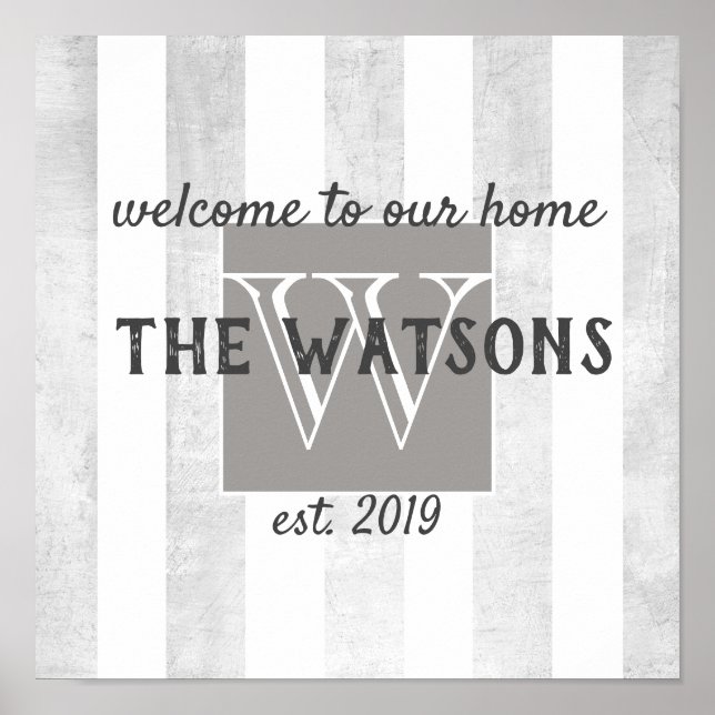 welcome poster to personalise monogram custom grey (Front)