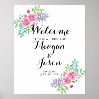 Welcome Poster Wedding Floral Watercolour Roses