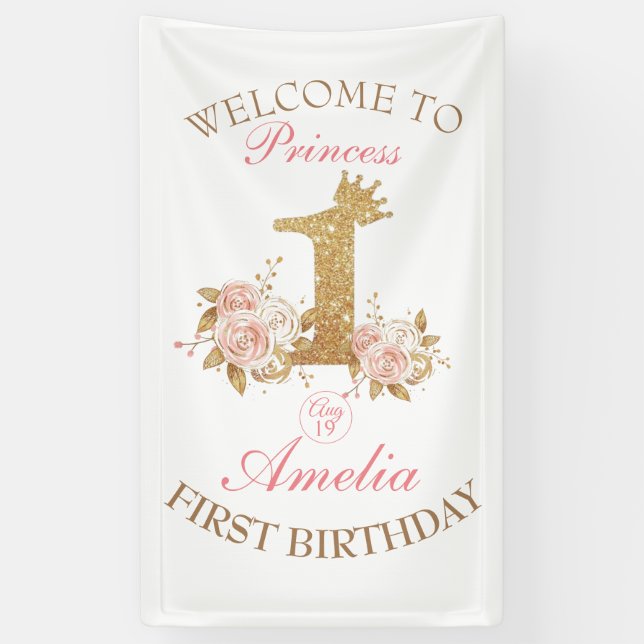 Welcome Princess 1st Birthday Party Banner (Vertical)