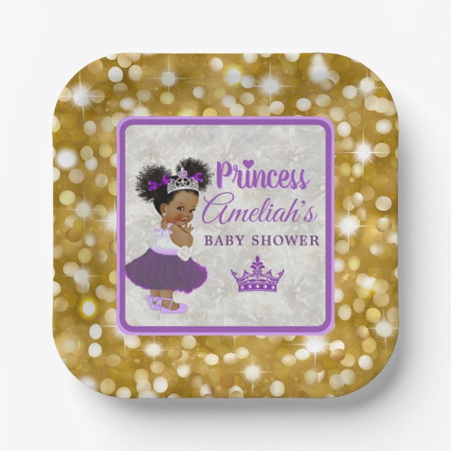 Welcome Princess Purple & Gold Glitter Elegant Paper Plate (Front)