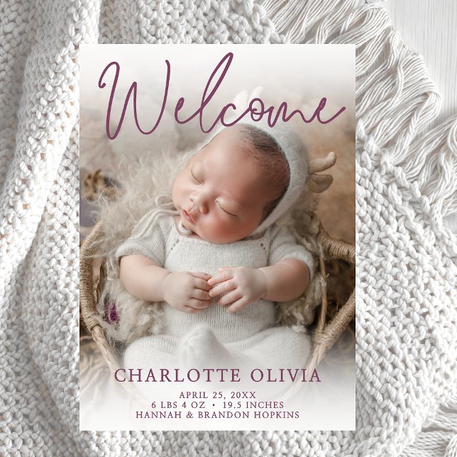 Welcome Purple Photo Birth Announcement (Creator Uploaded)