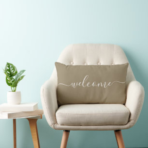 Welcome Quote Tan Chic Calligraphy Typography Lumbar Cushion