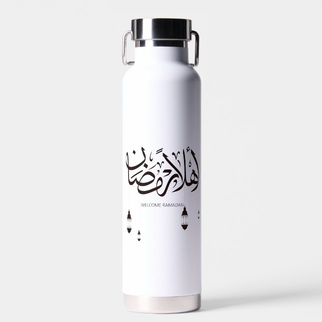 Welcome Ramadan, Arabic calligraphy Water Bottle (Front)