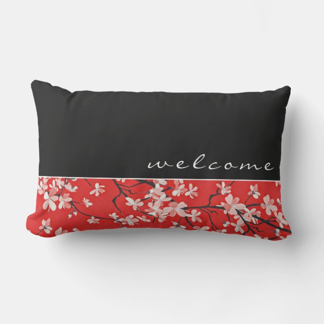 Welcome | Red Black & White Cherry Blossoms Lumbar Cushion (Front)