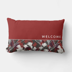 Welcome Red Black White & Gray Floral Design Lumbar Cushion
