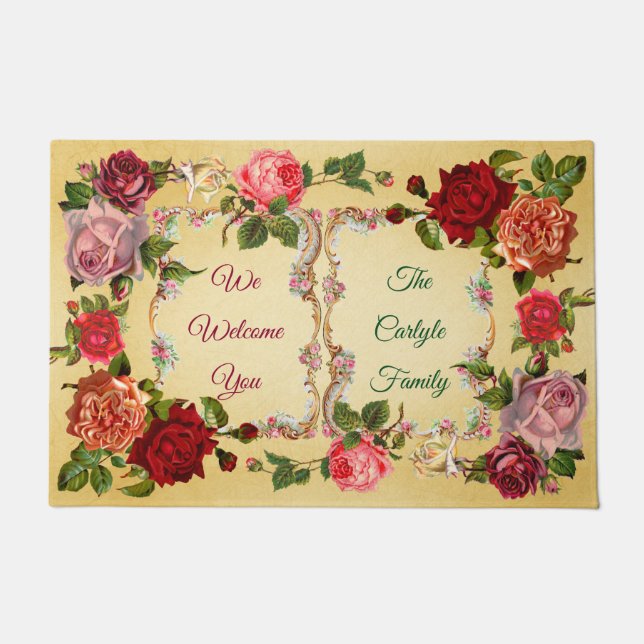 Welcome Rococo Frames Victorian Roses Monogram Doormat (Front)
