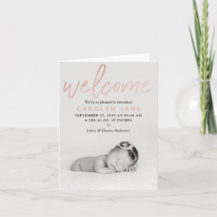 "Welcome" Rose Gold Foil Photo Birth Announcement