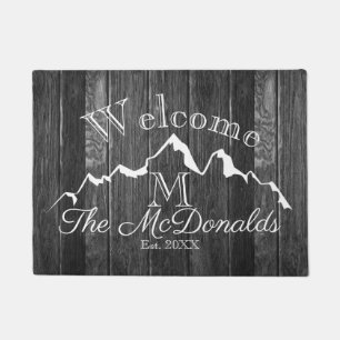Welcome Rustic Wood Mountain Family Monogram Doormat